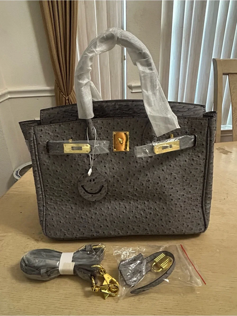 Classic Gray Ostrich-Texture Women’s Satchel UNBRANDED BIRKIN STYLE